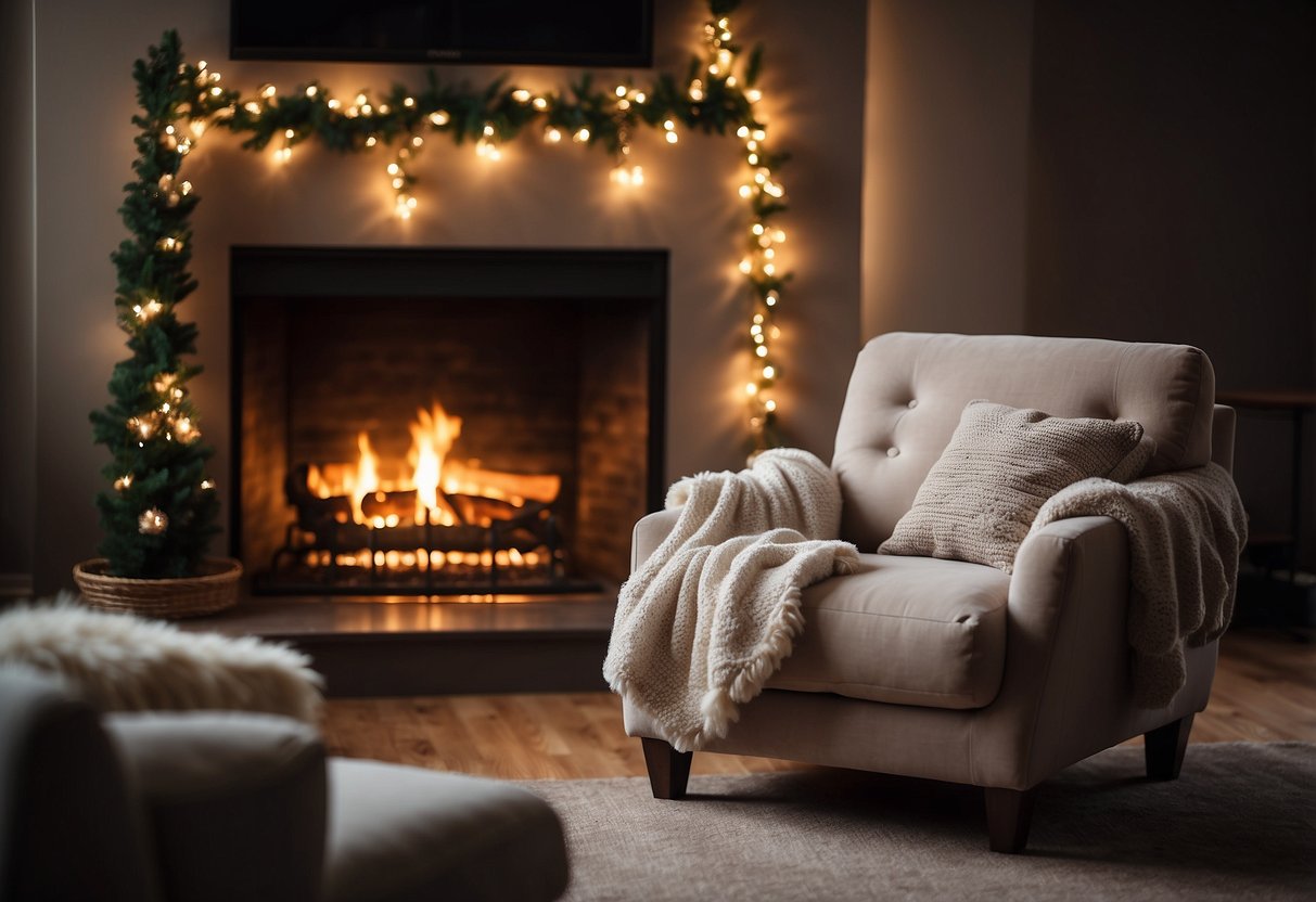 A cozy armchair and soft, fluffy pillows surround a warm, glowing fireplace, creating a welcoming and comfortable atmosphere