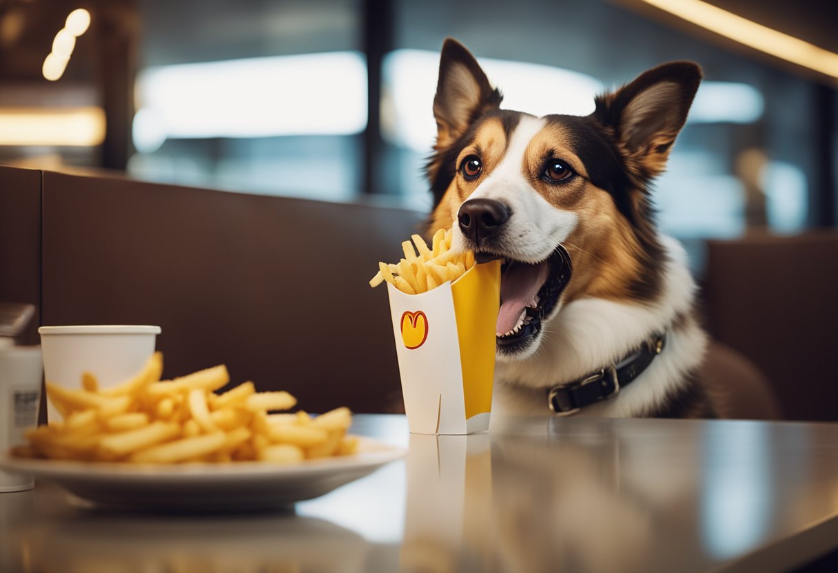 A dog eagerly munches on McDonald's French fries, wagging its tail in excitement.