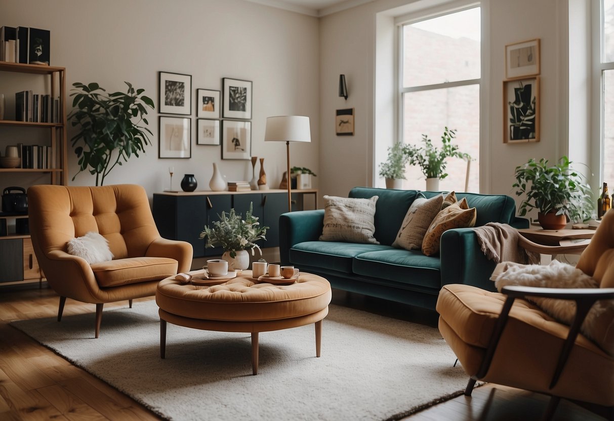 A cozy living room with a mix of modern and vintage furniture, including a plush sofa, a sleek coffee table, and a retro armchair