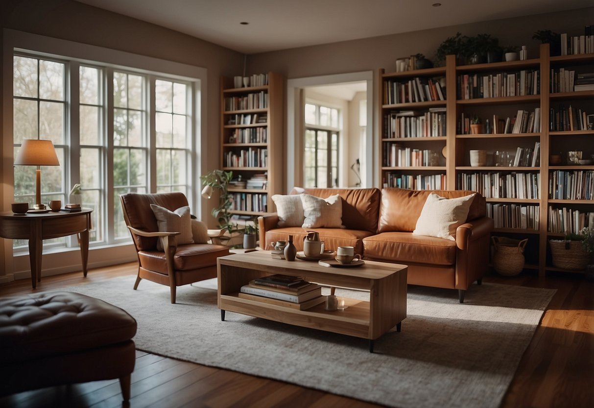 A cozy living room with a sofa, coffee table, and bookshelf. A person is seen relaxing with a book