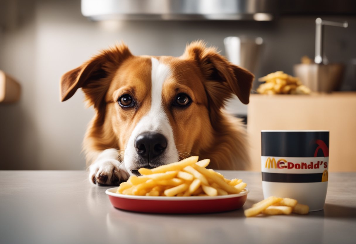 A pile of McDonald's French fries next to a dog bowl, with a curious dog sniffing at the fries.