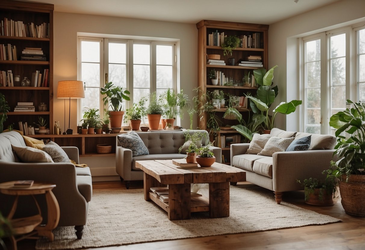 A cozy living room with a vintage sofa, a rustic wooden coffee table, and a unique handcrafted bookshelf. The room is filled with warm natural light and plants, creating a comfortable and inviting atmosphere