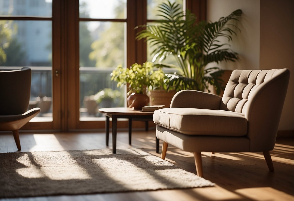 A cozy armchair and soft sofa sit in a sunlit room, inviting relaxation and comfort