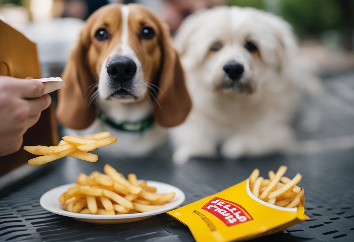 A dog eagerly approaches a pile of McDonald's French fries, while a concerned owner looks on, holding a pamphlet titled "Health Risks Associated with French Fries for Dogs."