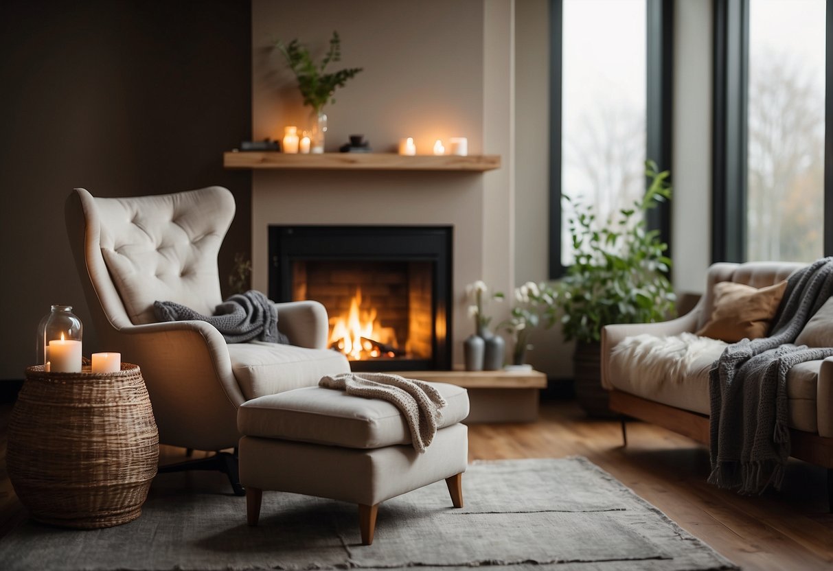 A cozy armchair sits by a warm fireplace, surrounded by soft blankets and plush pillows. The room is filled with natural light, creating a welcoming and inviting atmosphere