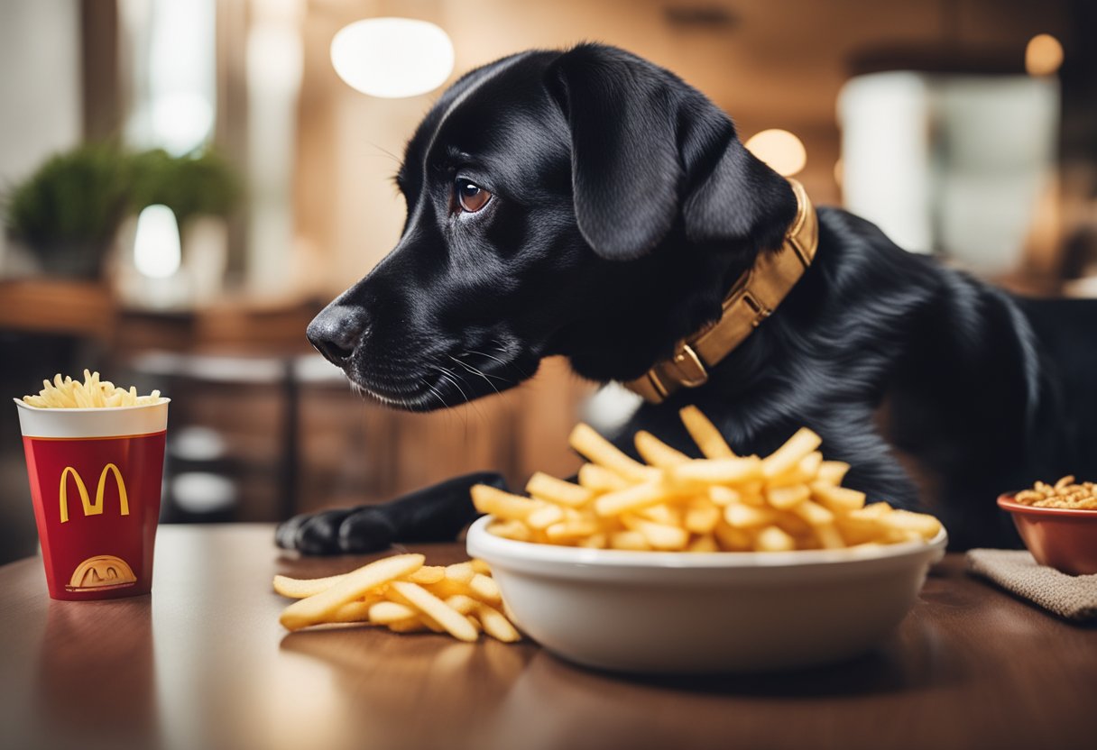 A pile of McDonald's French fries next to a bowl of dog-friendly alternatives, with a curious dog sniffing both options.