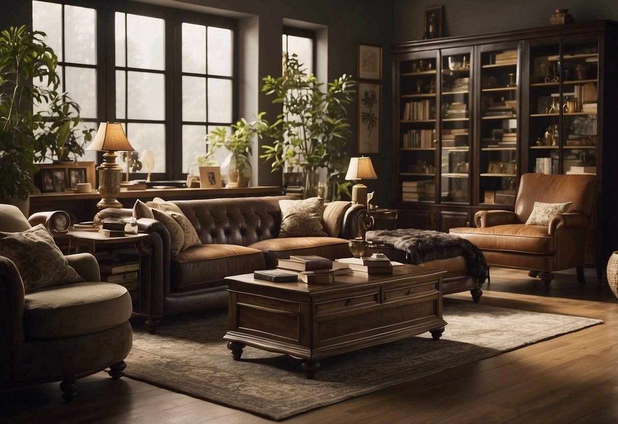 A room with various original furniture pieces, surrounded by frequently asked questions about the items
