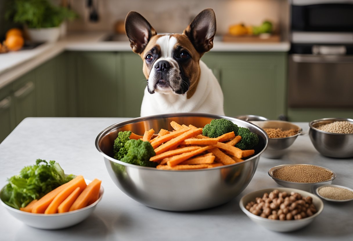 A happy dog eagerly eats homemade sweet potato fries from a stainless steel bowl, surrounded by various fresh vegetables and a bowl of kibble.