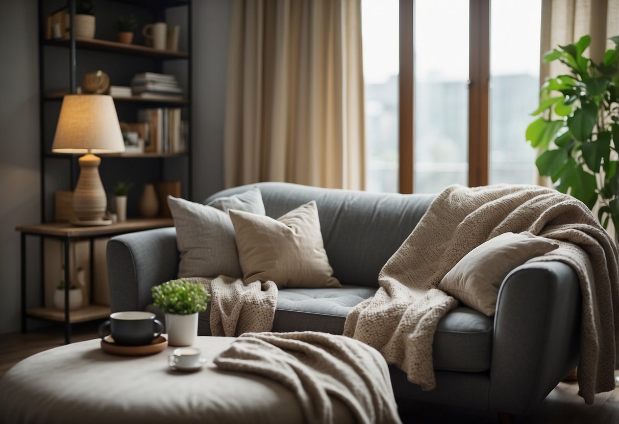A cozy living room with a plush sofa, soft pillows, and a warm throw blanket. A comfortable armchair sits next to a side table with a cup of tea