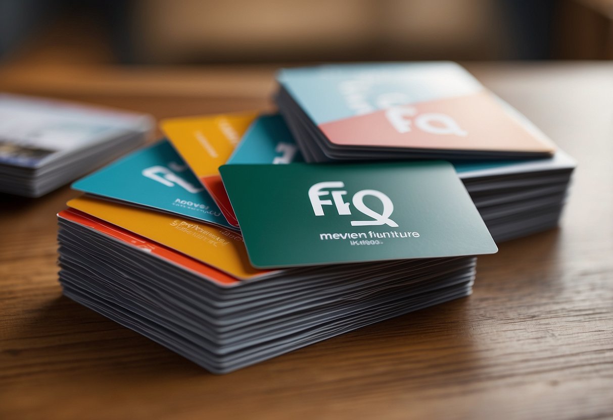 A stack of FAQ cards with Novena Furniture logo, surrounded by customer inquiries and a helpful representative