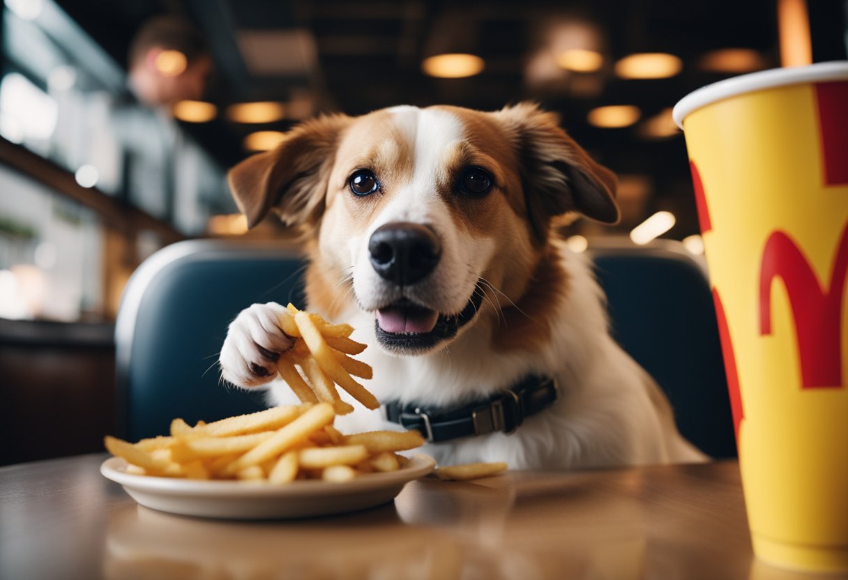 A dog snatching and eating McDonald's French fries from a table at a fast-food restaurant.