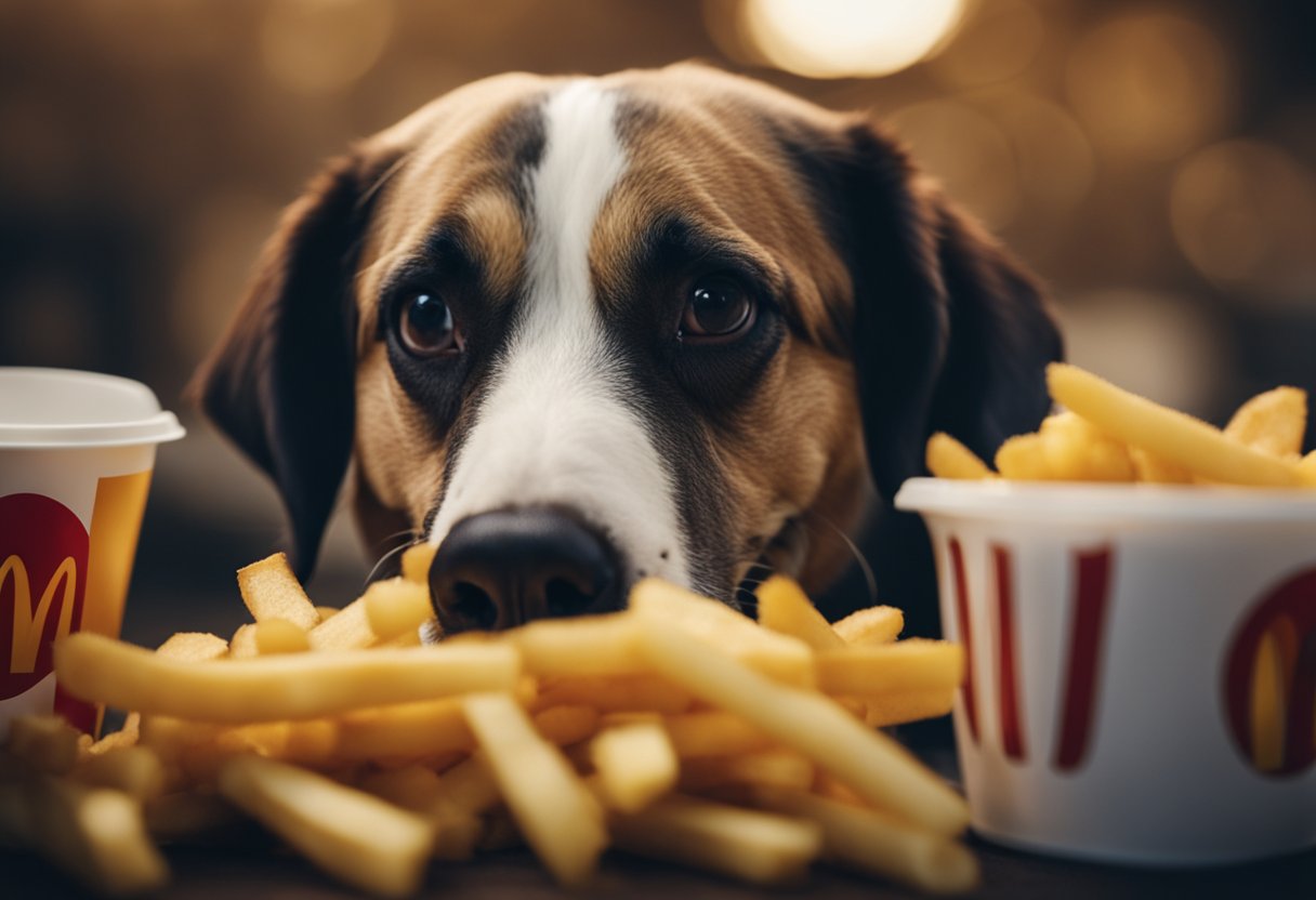 A dog eagerly sniffs a pile of McDonald's French fries, while a concerned owner holds a leash, ready to intervene.