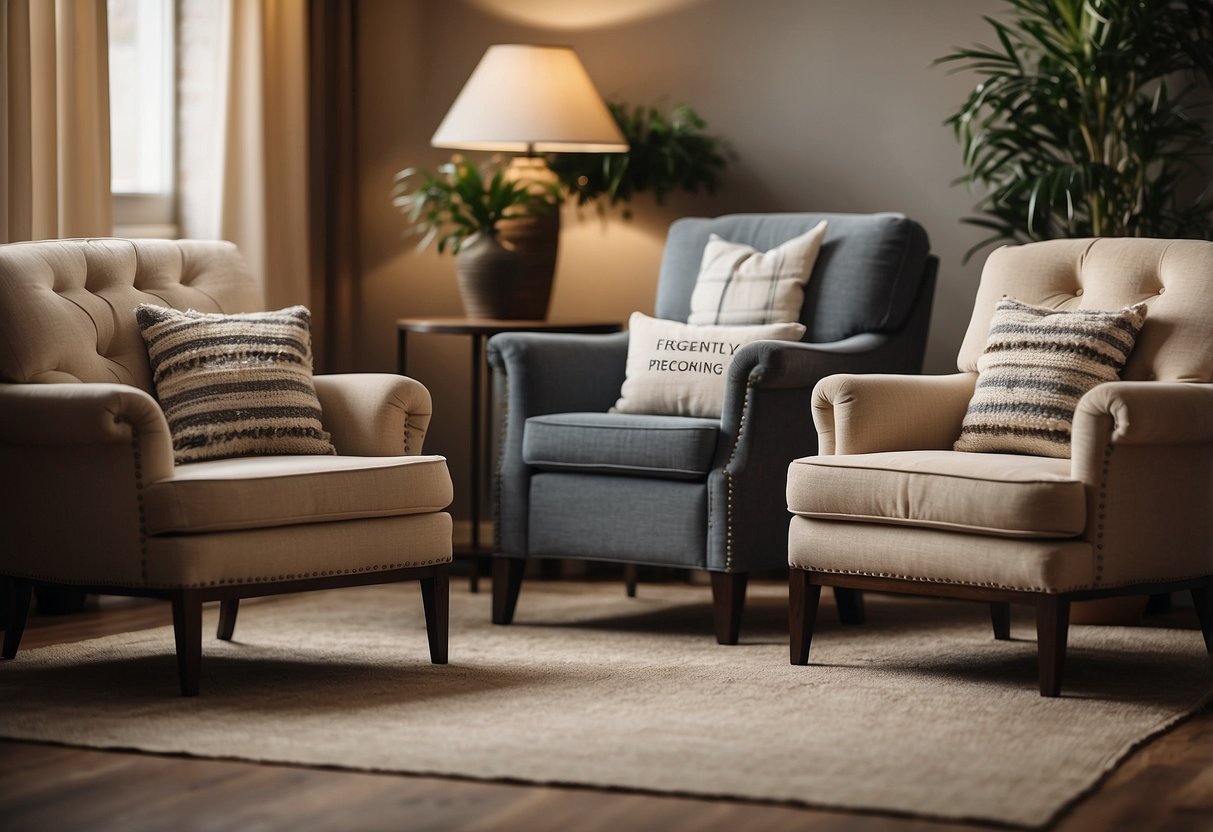 Cozy chairs and sofas arranged in a welcoming setting, with a sign reading "Frequently Asked Questions" prominently displayed