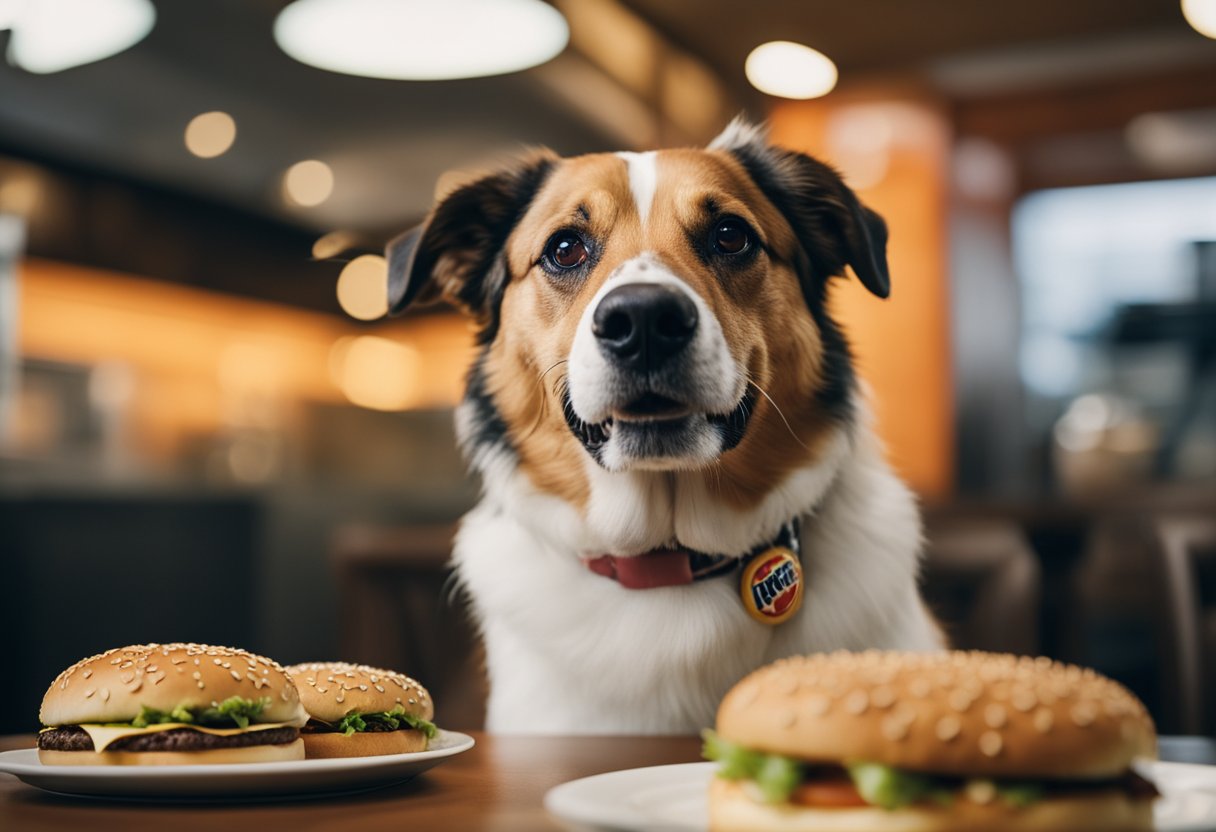 A dog eagerly chews on a Burger King Whopper, with a happy expression and tail wagging