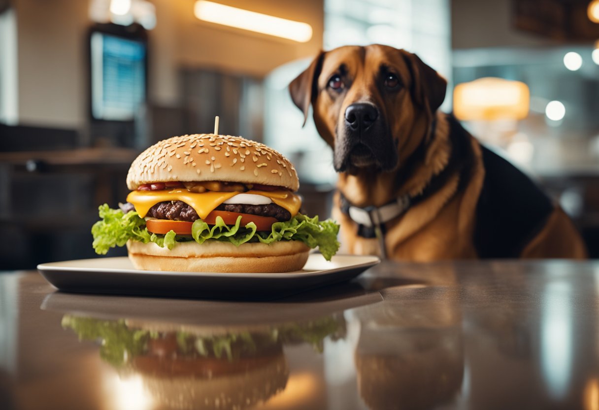 A dog eagerly eyes a Burger King Whopper on a table, its tail wagging in anticipation. A bowl of water sits nearby