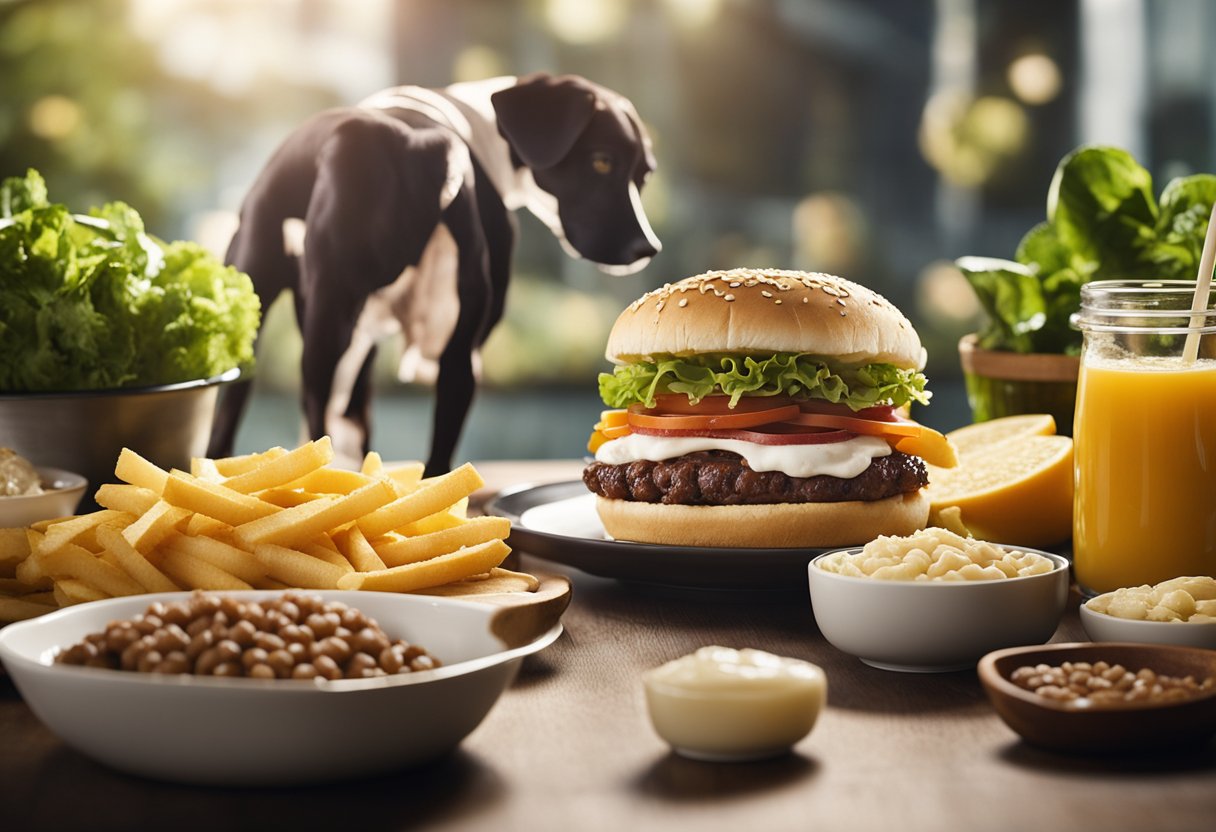 A table with Whopper ingredients spread out, a curious dog nearby.