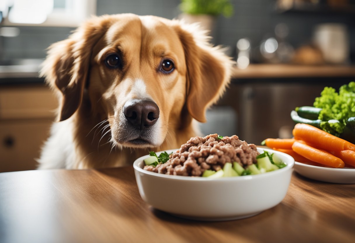 A dog eagerly eyes a spread of safe, dog-friendly alternatives to the Whopper, including a bowl of fresh, lean ground beef and assorted vegetables.