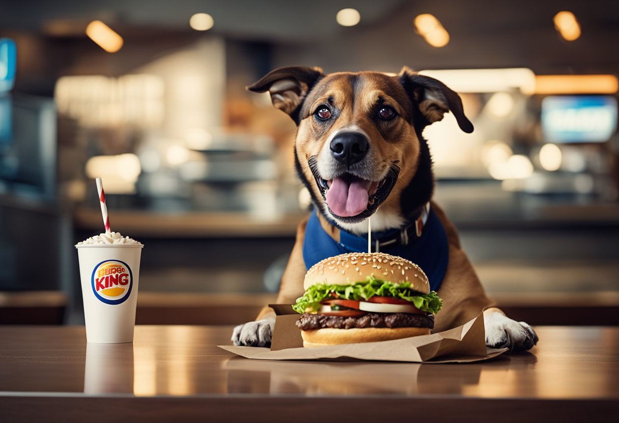 A happy dog eagerly devours a Burger King Whopper, while a sign in the background outlines the pet policies.