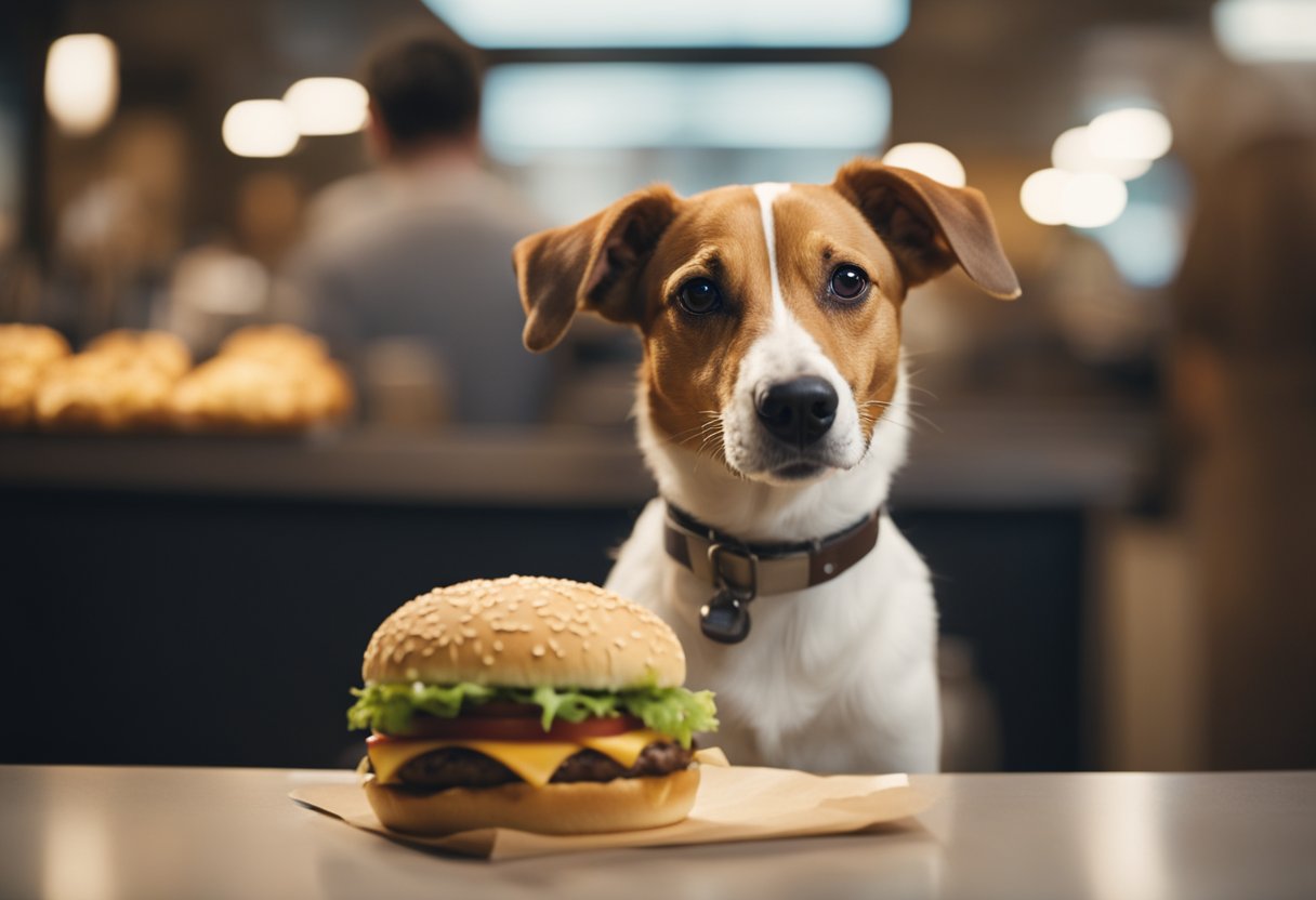 A dog eagerly awaits as a Burger King Whopper is placed in front of it. The dog's tail wags excitedly as it prepares to devour the delicious treat.