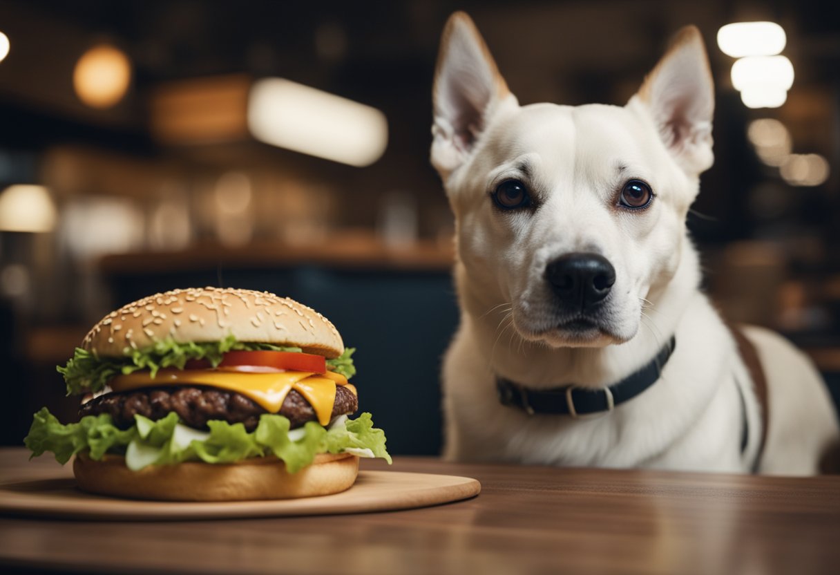 A dog eagerly eyes a Burger King Whopper on a table. A concerned owner looks on, considering the potential health risks of feeding human food to their pet.