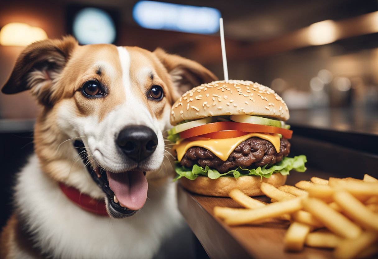 A happy dog enjoying a Burger King Whopper, with a wagging tail and a big smile on its face.