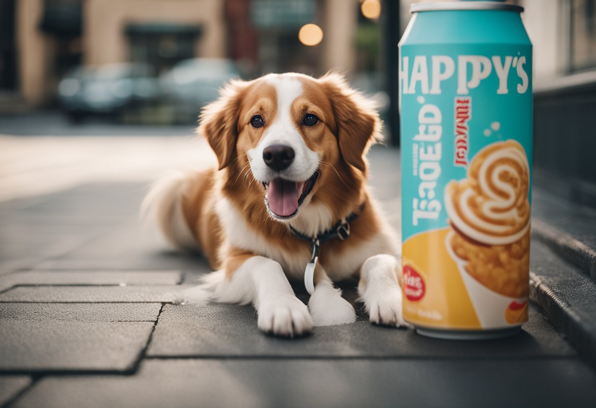 A happy dog licks a Wendy's Frosty, wagging its tail.