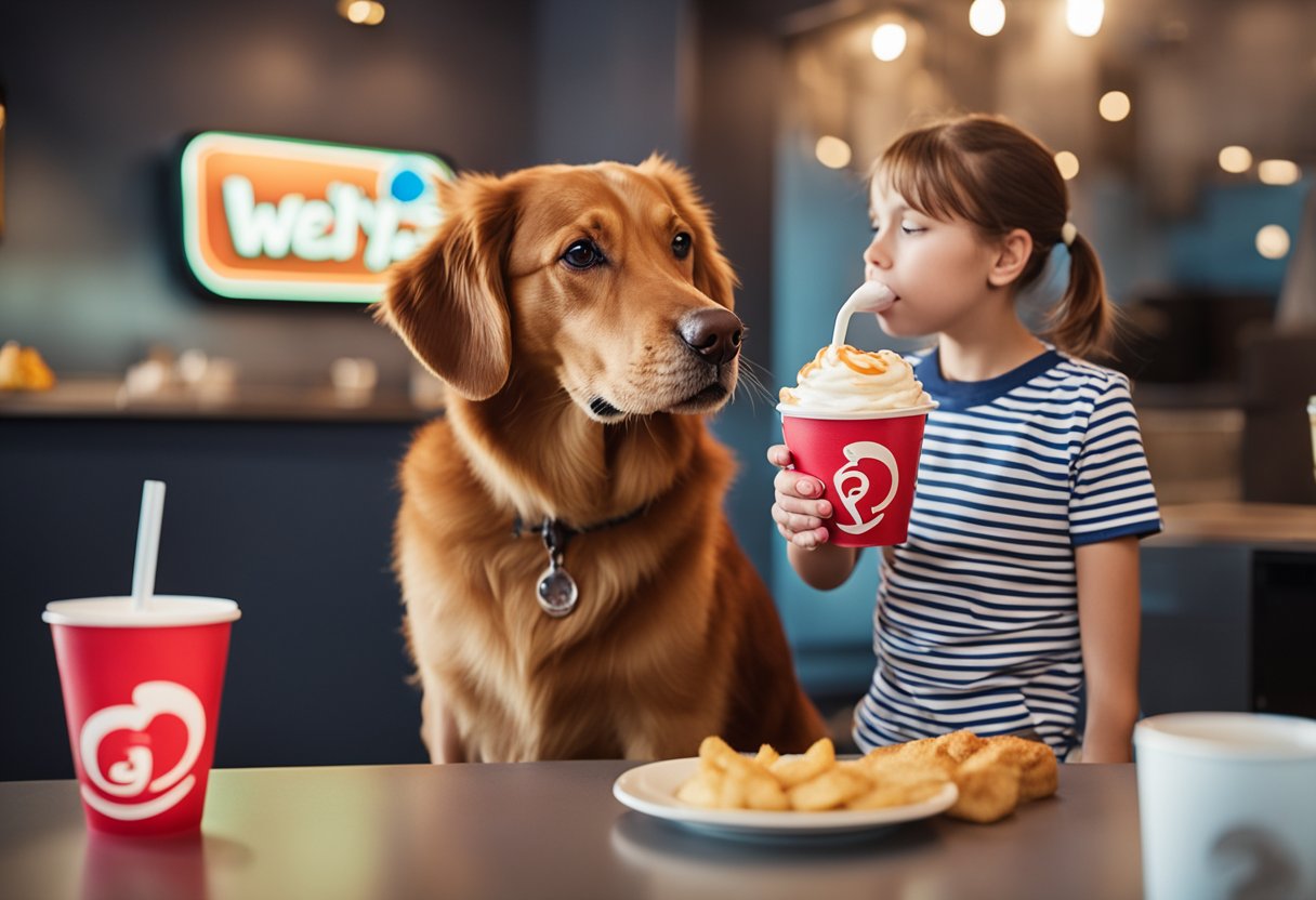 A dog eagerly licks a small cup of Wendy's Frosty, while a concerned owner looks on with a question mark above their head.