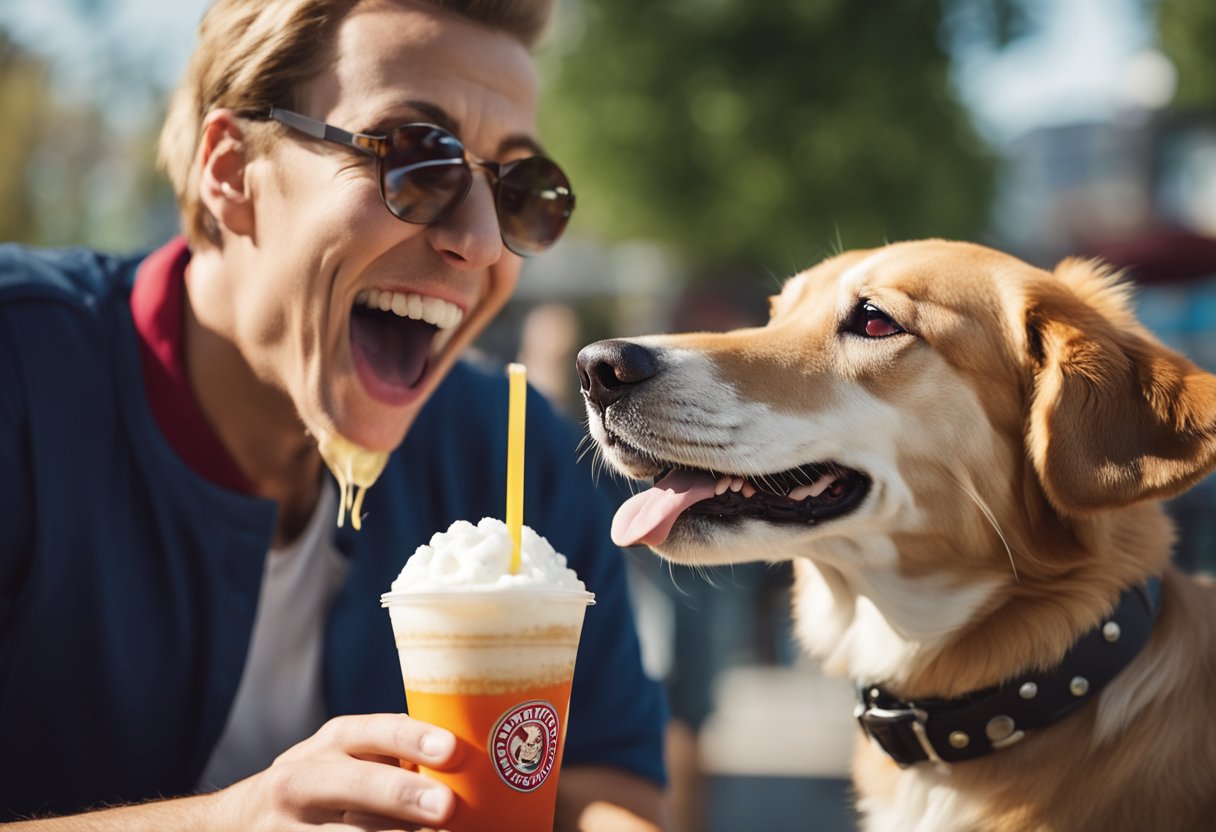 A happy dog eagerly licks a Wendy's Frosty, while a concerned owner looks on. The dog's health is at risk due to potential toxic ingredients.