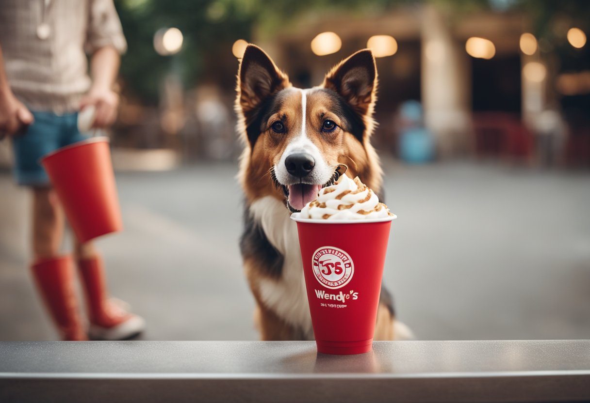 A dog eagerly laps up a Wendy's Frosty from a pet-friendly cup, while the owner looks on with a smile