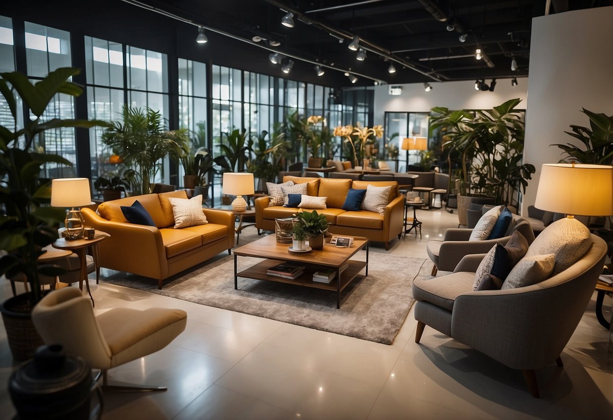 A crowded furniture showroom in Singapore with various pieces on sale. Customers browse and inspect the items while sales staff assist
