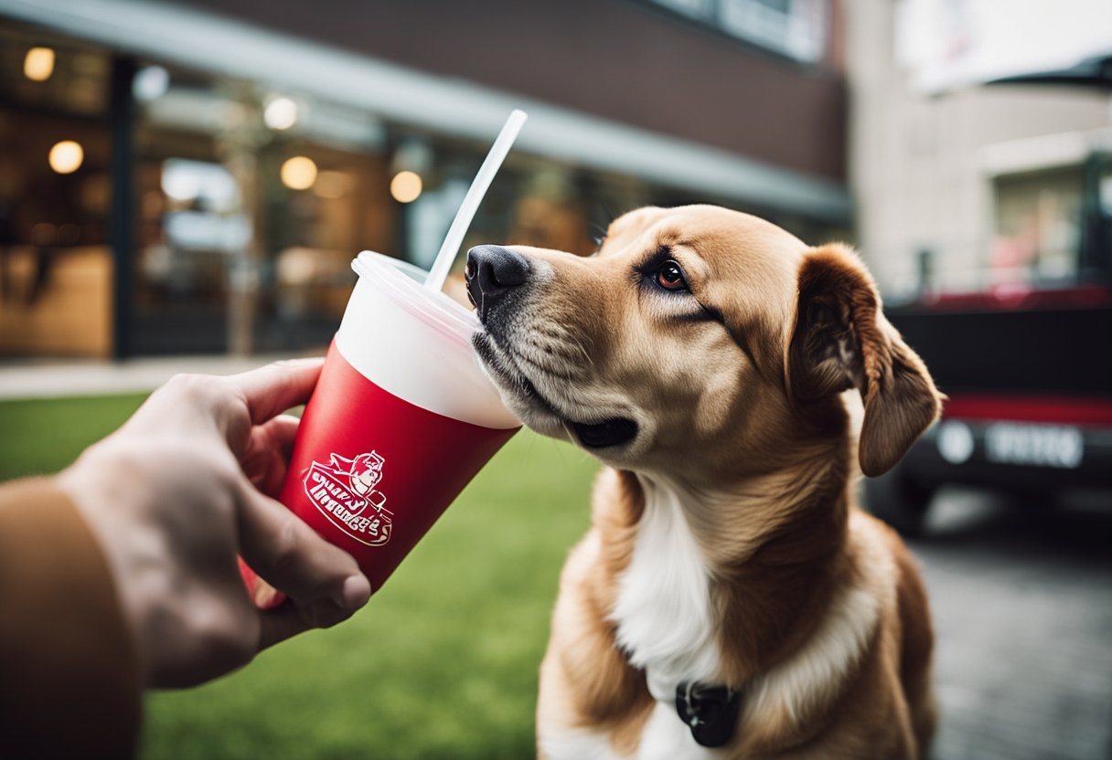 A dog eagerly approaches a Wendy's Frosty cup, while a concerned owner pulls it away. The dog looks disappointed, while the owner gestures to a warning sign about potential risks of feeding Wendy's Frosty to dogs