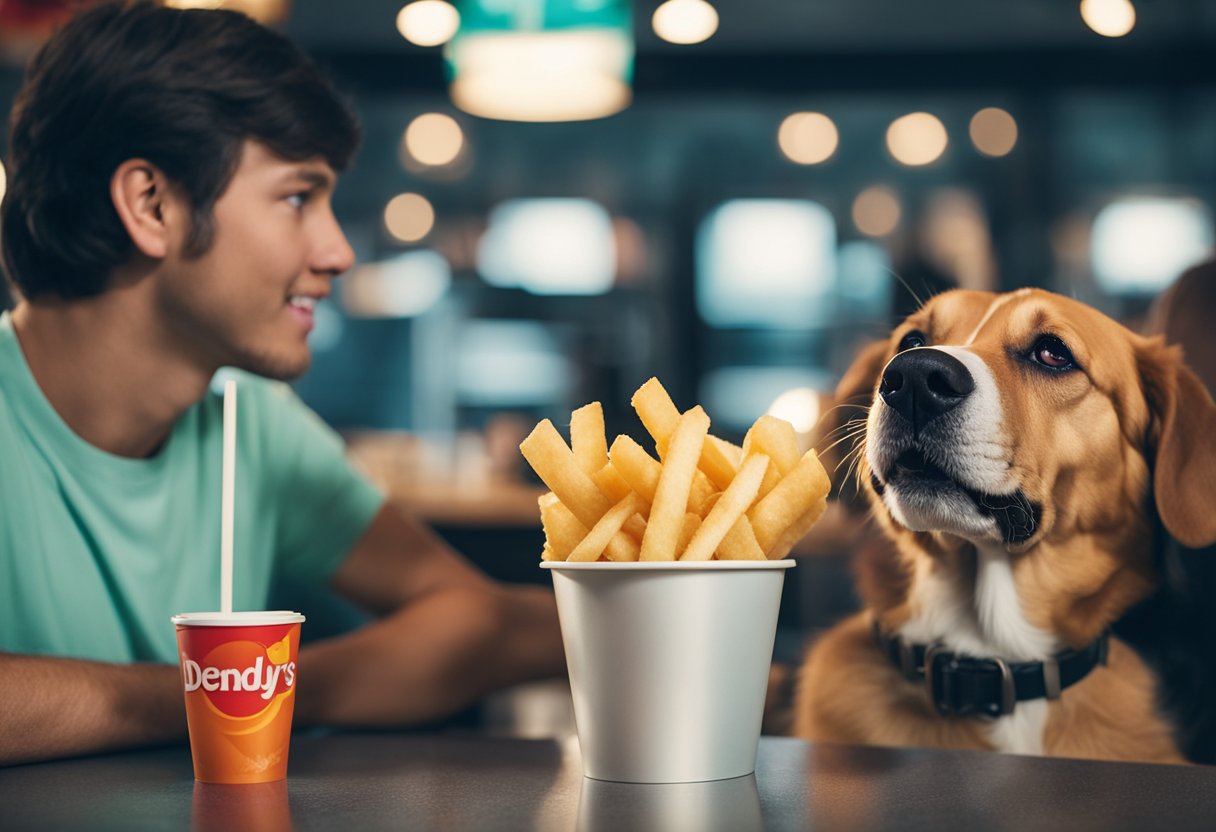 A dog eagerly licks a Wendy's Frosty, with a concerned owner in the background