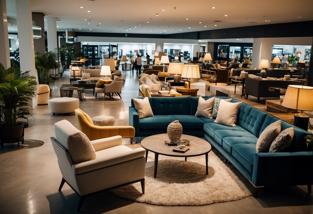 A bustling furniture showroom in Singapore, with bright lights and rows of discounted furniture. Customers browse through the various deals, while sales staff assist with inquiries