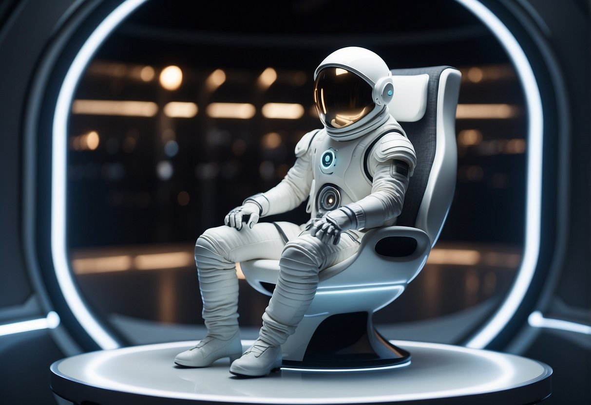 A spaceman sits on a futuristic chair at a sleek, metallic table with a holographic display. The room is filled with high-tech furniture and equipment