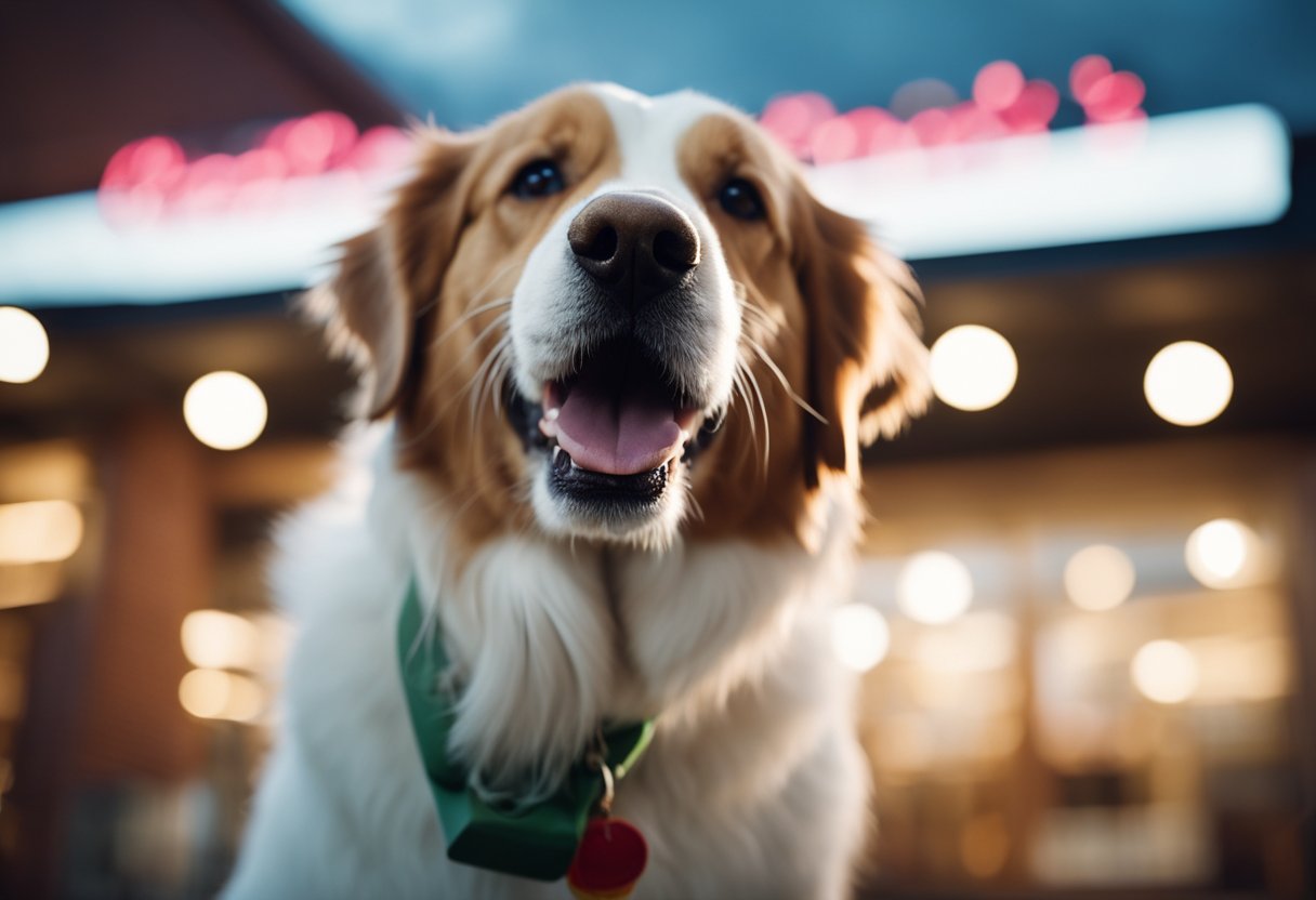 A happy dog eagerly licks a Wendy's Frosty, with a wagging tail and a contented expression