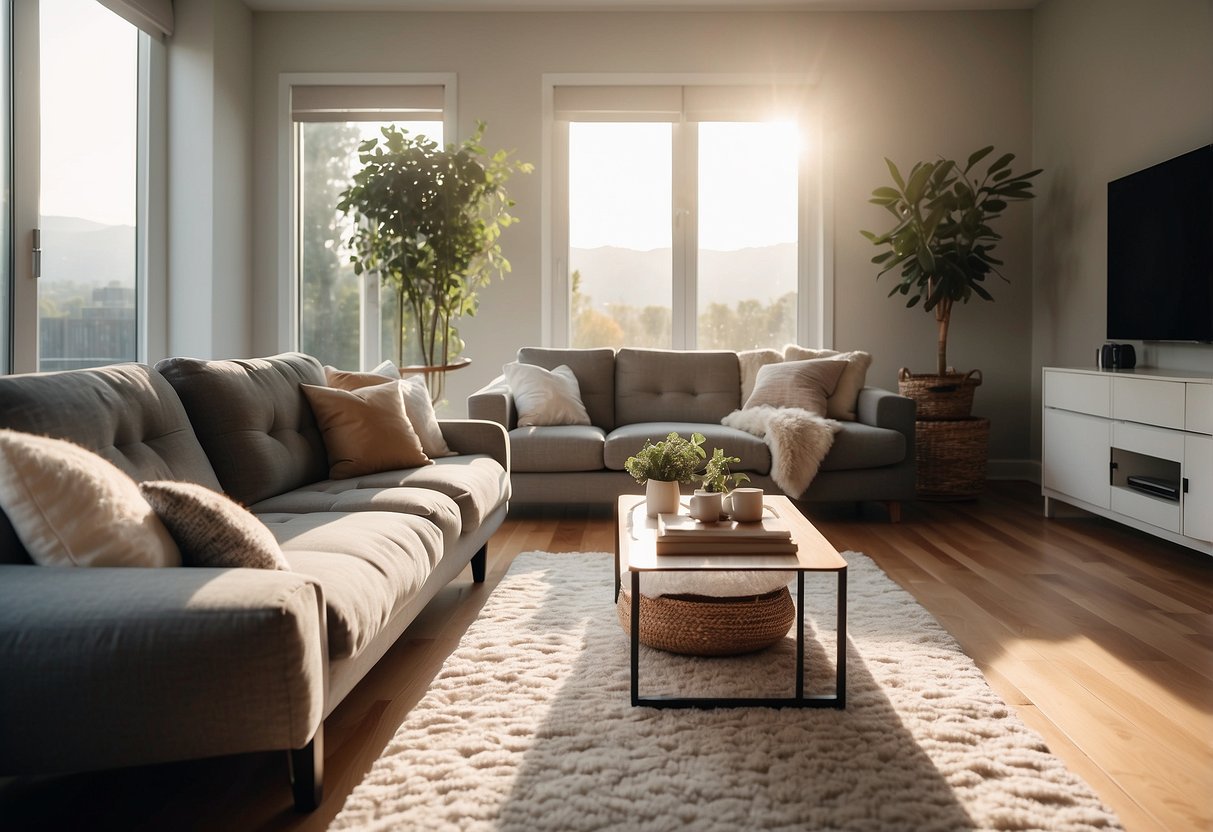 A cozy living room with a plush sofa, a sleek coffee table, and a soft rug. Bright sunlight streams in through the window, illuminating the inviting space