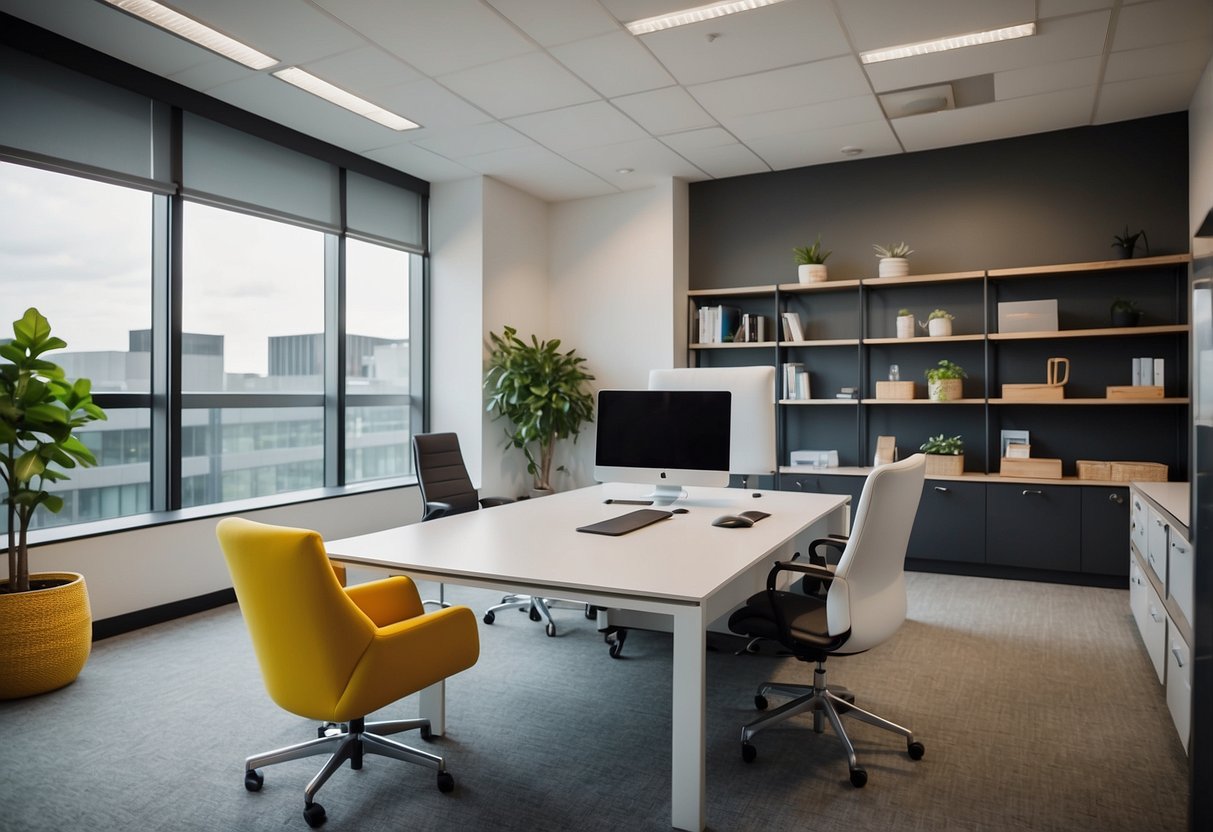 A modern office space with sleek, ergonomic furniture and vibrant pops of color. A large desk with a comfortable chair, shelving units, and a cozy seating area for meetings