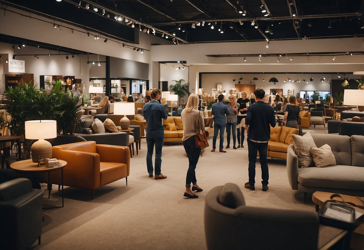 A crowded furniture showroom with customers browsing and staff assisting. Various pieces of furniture are on display with sale signs