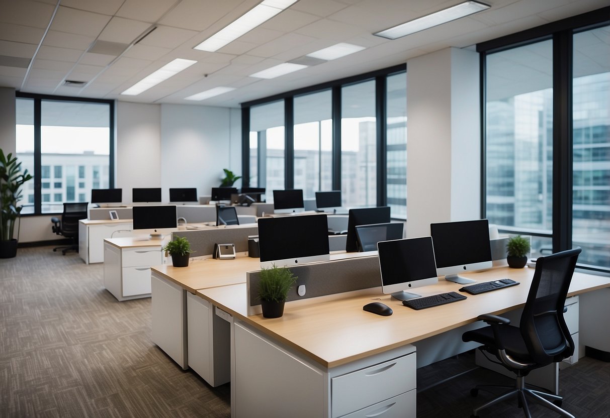 A modern office space with sleek desks, ergonomic chairs, and stylish storage units. Bright lighting and a clean, organized layout create a professional and inviting atmosphere