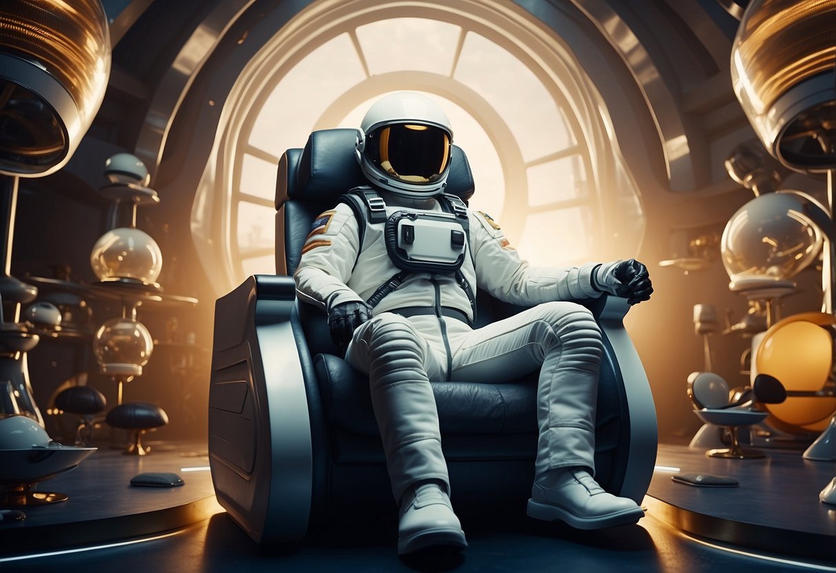 A spaceman sits in a futuristic chair, surrounded by floating furniture. A sign reads "Frequently Asked Questions" in bold letters