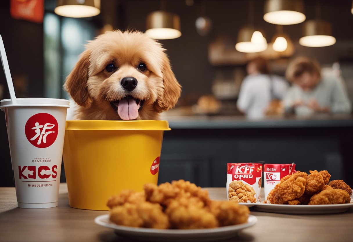 A dog eagerly eyes a bucket of KFC fried chicken on a table.