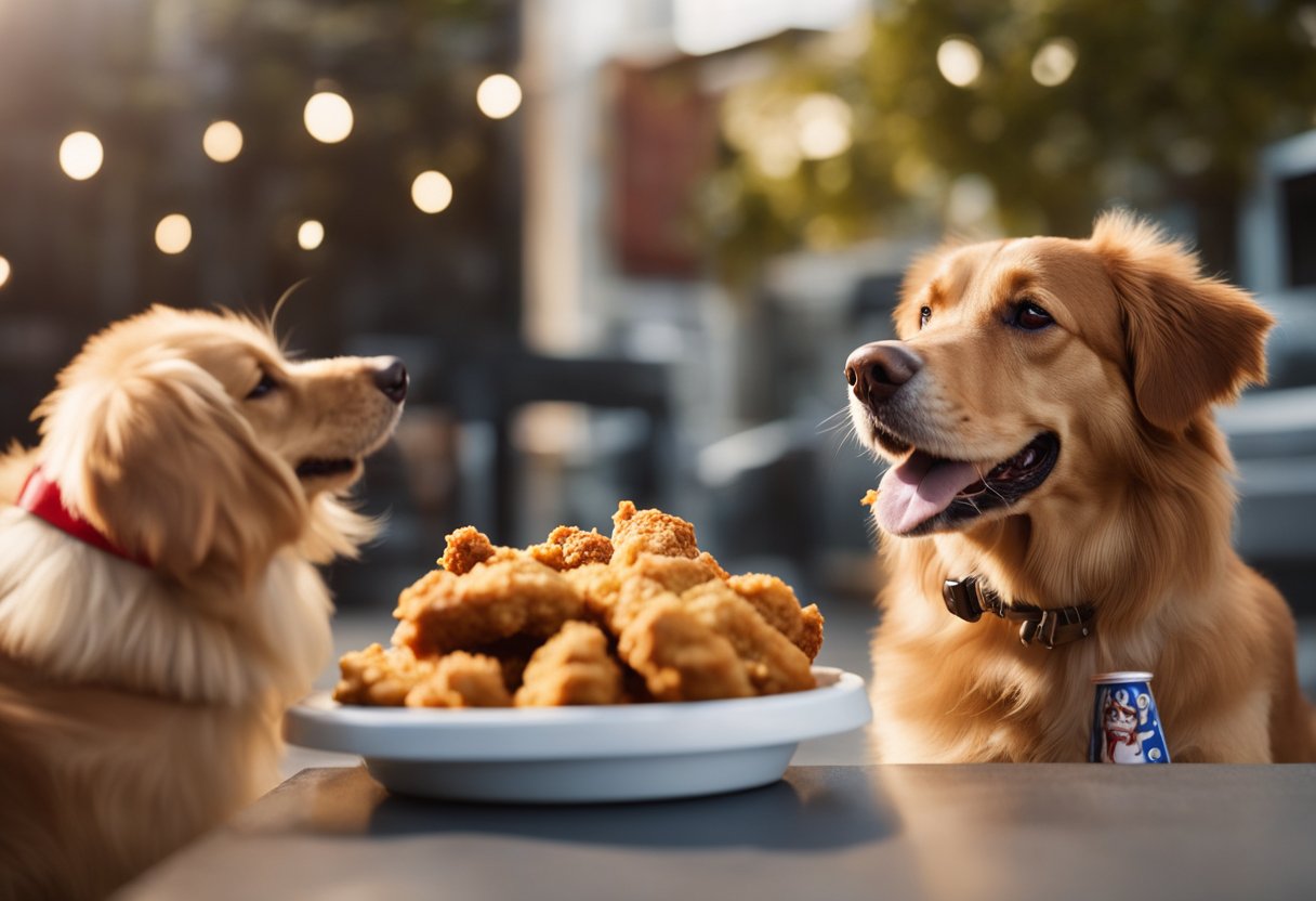 A happy dog eagerly eats KFC fried chicken, while a concerned owner looks on. The dog's tail wags in excitement as it chews on the crispy, golden-brown chicken.