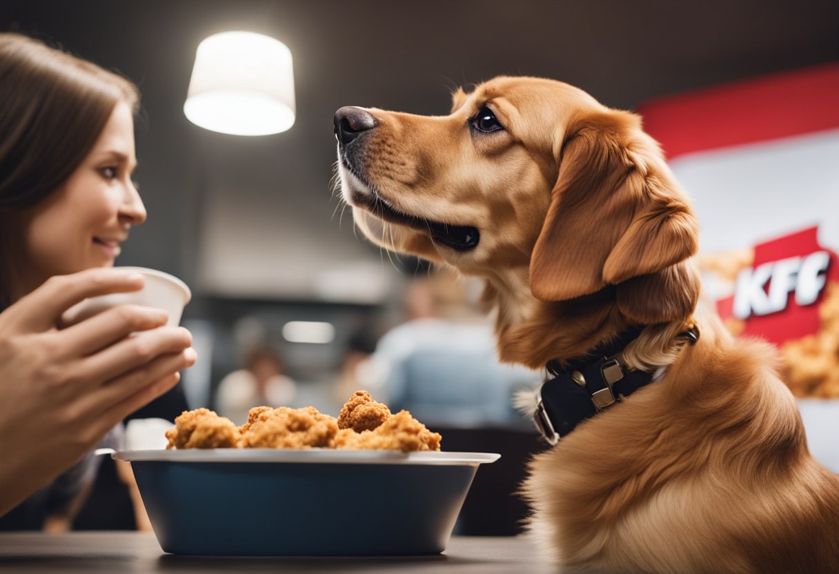 A dog eagerly eyes a piece of KFC fried chicken, while a concerned owner looks on in the background. The dog's tail wags in anticipation as the owner hesitates, weighing the risks of feeding KFC to their pet.