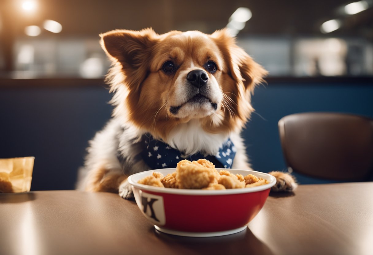 A dog eating from a bowl of KFC fried chicken, with a clear "X" mark over the bowl to indicate it is not safe for dogs.