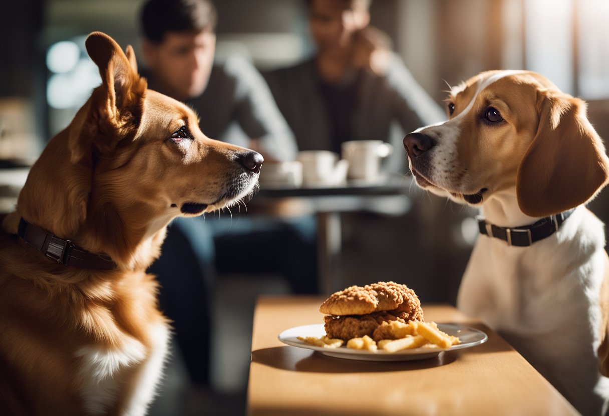 A dog looks longingly at a piece of KFC fried chicken, with a concerned owner in the background. The dog's body language conveys a desire to eat the chicken, while the owner looks worried about whether it's safe for the dog to.