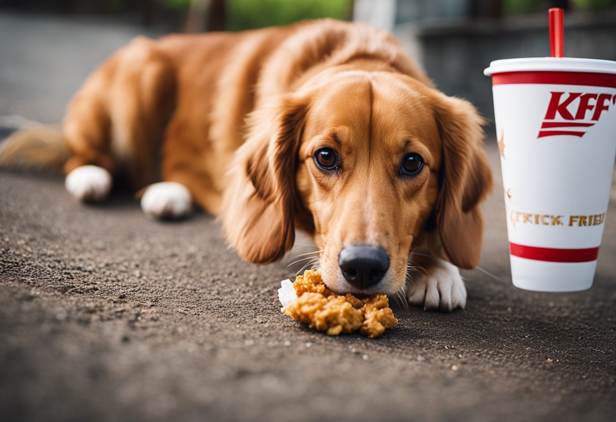 A dog eagerly approaches a piece of KFC fried chicken on the ground, sniffing and licking its lips in anticipation.