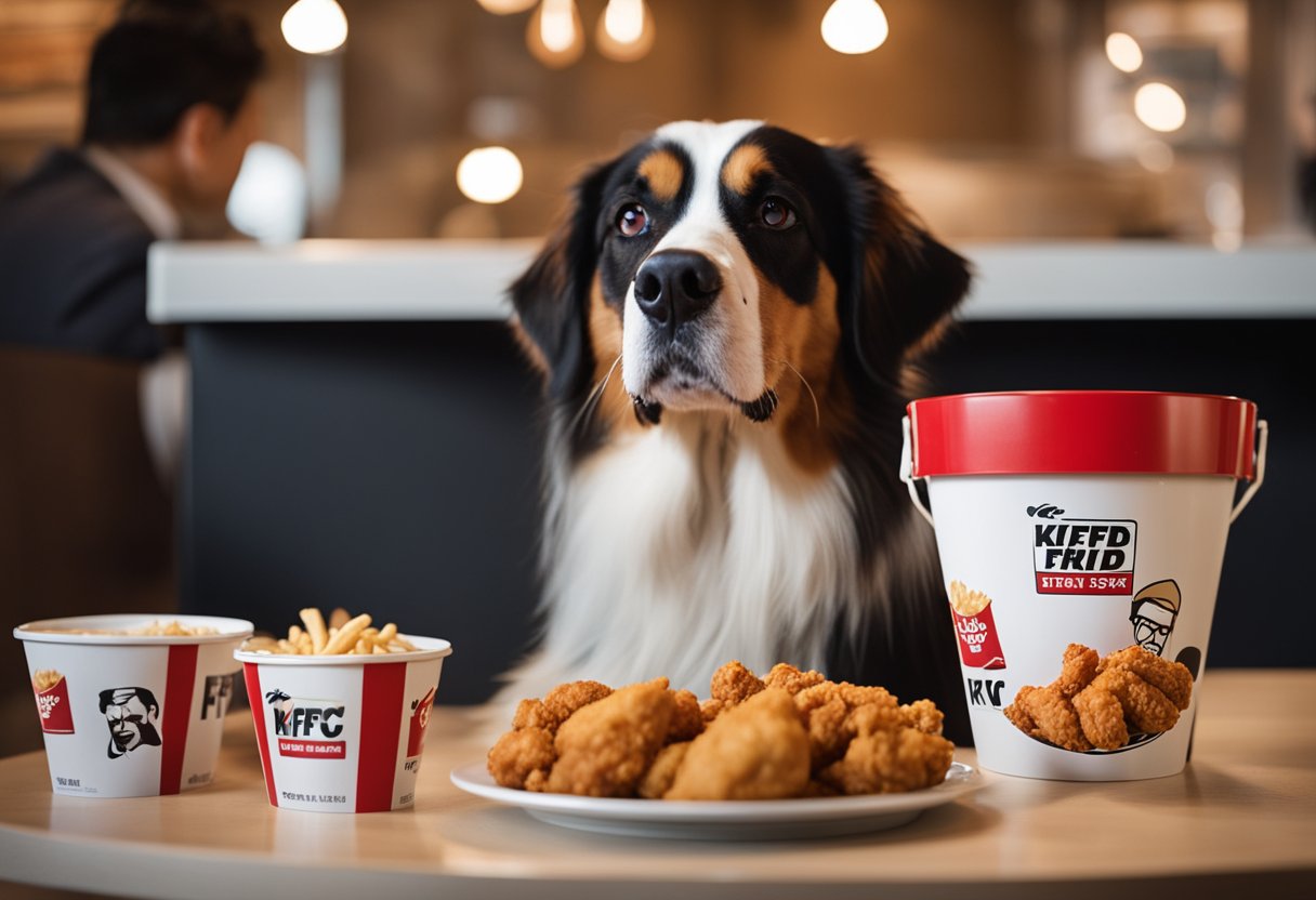 A dog eagerly eyes a bucket of KFC fried chicken, while a concerned owner looks on, wondering if it's safe for their pet to eat.