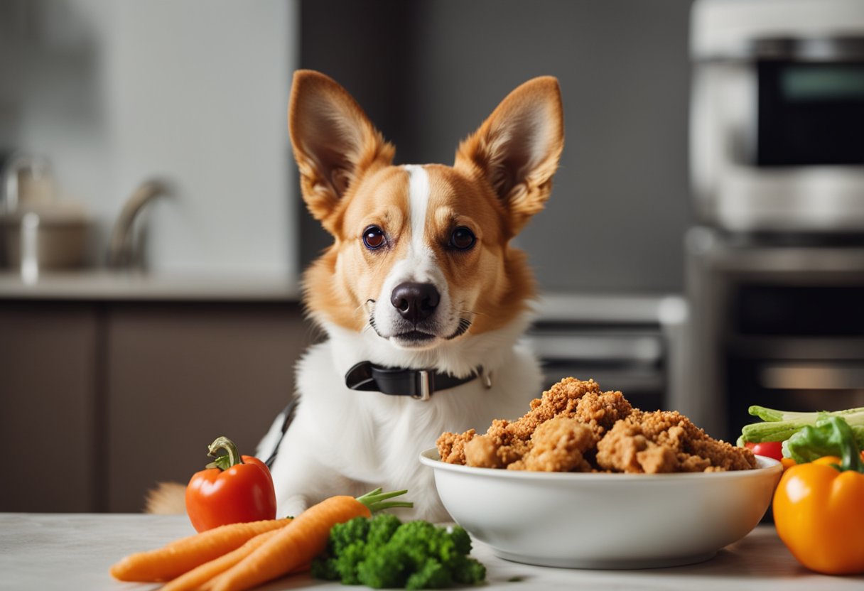 A dog happily munches on a bowl of homemade dog-friendly fried chicken, surrounded by colorful vegetables and grains.