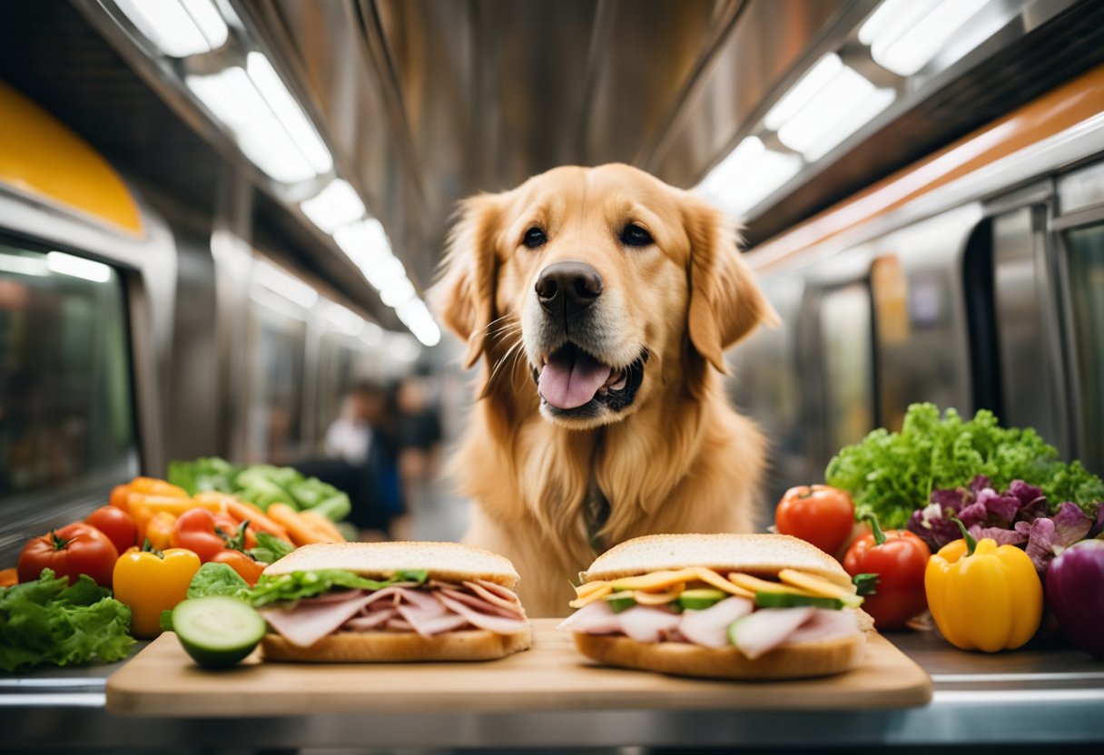 A golden retriever eagerly munches on a Subway sandwich, with a colorful array of fresh vegetables and deli meats spilling out of the bread.