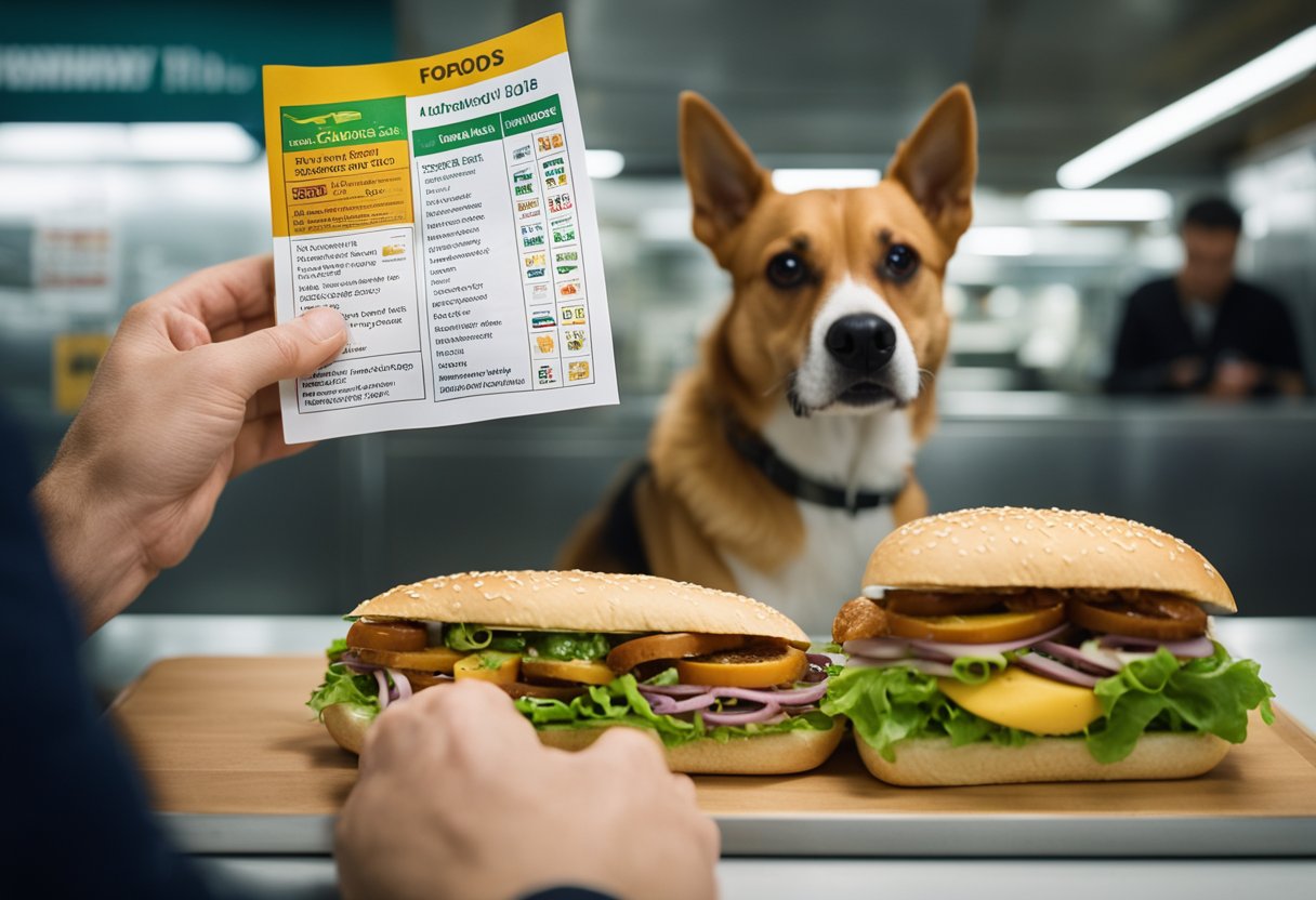 A dog looks longingly at a Subway sandwich on a table, while a concerned owner holds up a list of dangerous human foods for dogs.